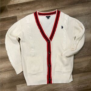 Womens U.S. Polo ASSN. Button Up Cardigan in Off White with Blue&Red Trim Size S